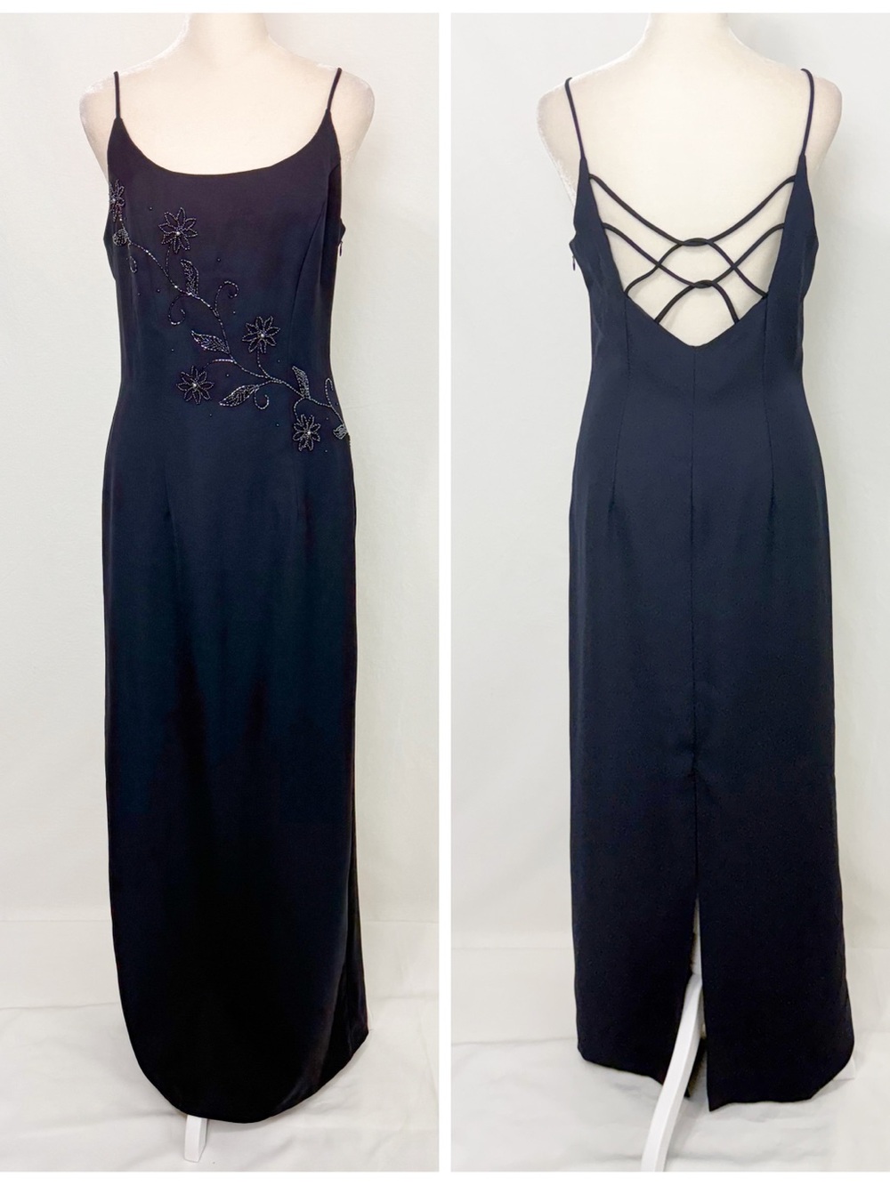 Vintage 90s Y2K Navy Beaded Floral with Strappy Lattice Back Evening Dress